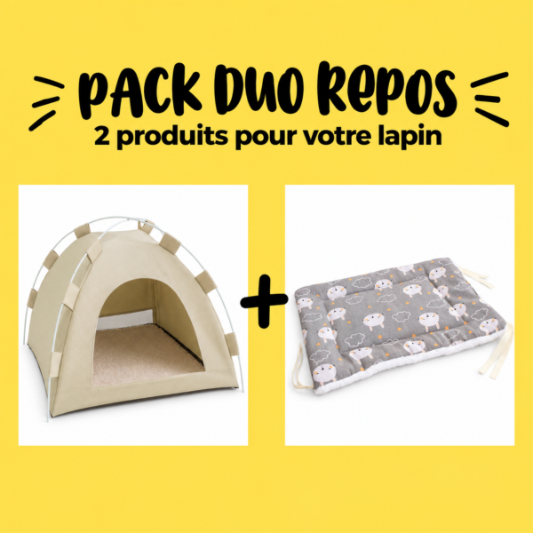 Pack Duo repos pour lapin : 1 Cabane pour lapin Tente, 1 Lit pour lapin multifonction.