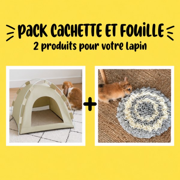 Pack Cachette et fouille pour lapin : 1 Cabane pour lapin Tente, 1 Tapis de fouille lapin.